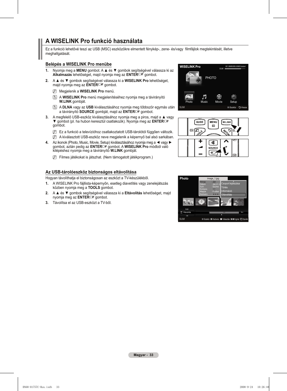 A wiselink pro funkció használata, Belépés a wiselink pro menübe, Az usb-tárolóeszköz biztonságos eltávolítása | Samsung PS50A756T1M User Manual | Page 96 / 503