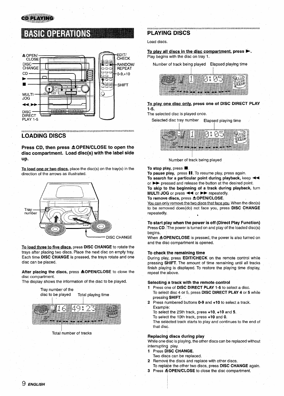 Basic operations, Playing discs, To play all discs in the disc compartment, press | Loading discs, Y 1 0=0 '5, Smiuib 49:23, I 8 « 0 5 | Aiwa XR-M75 User Manual | Page 10 / 56
