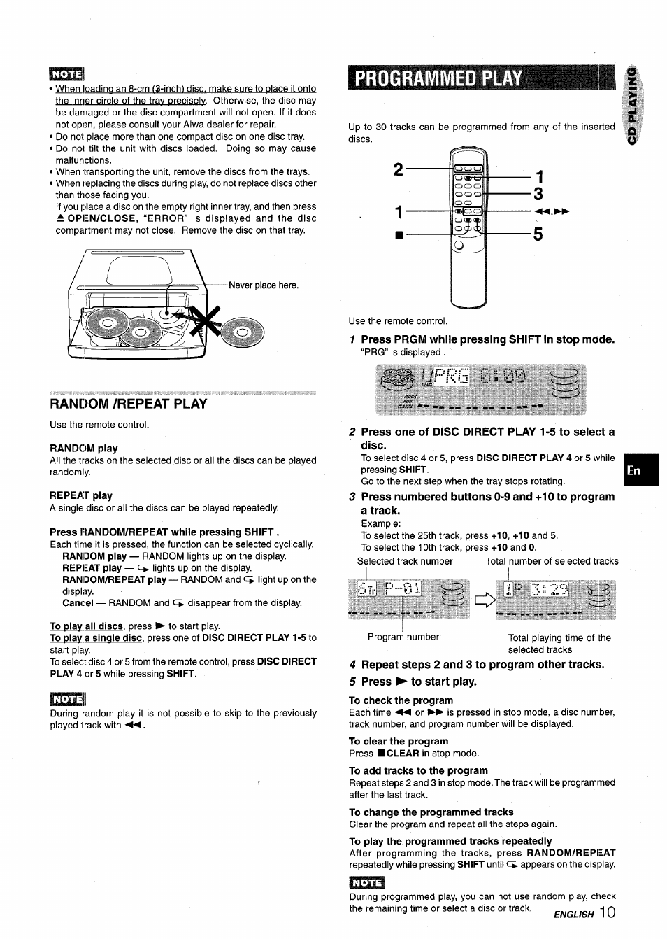 Programmed play, Random /repeat play, 1 press prgm while pressing shift in stop mode | 4 repeat steps 2 and 3 to program other tracks, 5 press ^ to start play, 6iv f, Ip 3^5 20 | Aiwa XR-M75 User Manual | Page 11 / 56