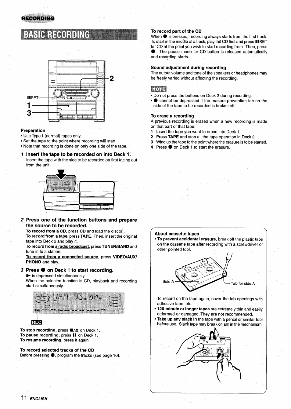 1 insert the tape to be recorded on into deck 1, Press • on deck 1 to start recording, Xijfn q | Recording | Aiwa XR-M75 User Manual | Page 12 / 56