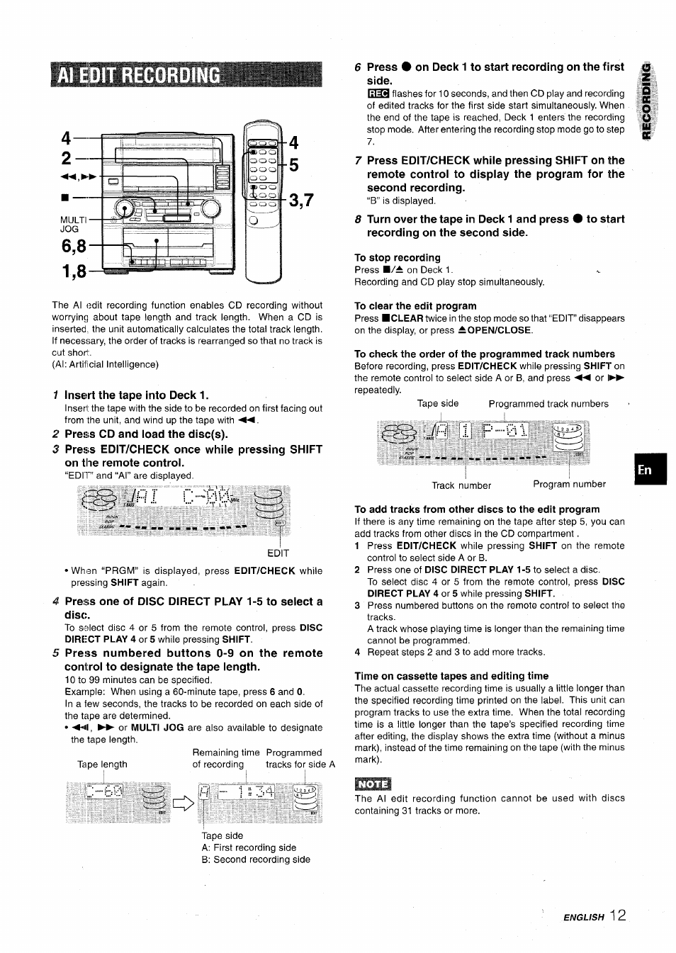 Al edit recor, Al edit recording | Aiwa XR-M75 User Manual | Page 13 / 56