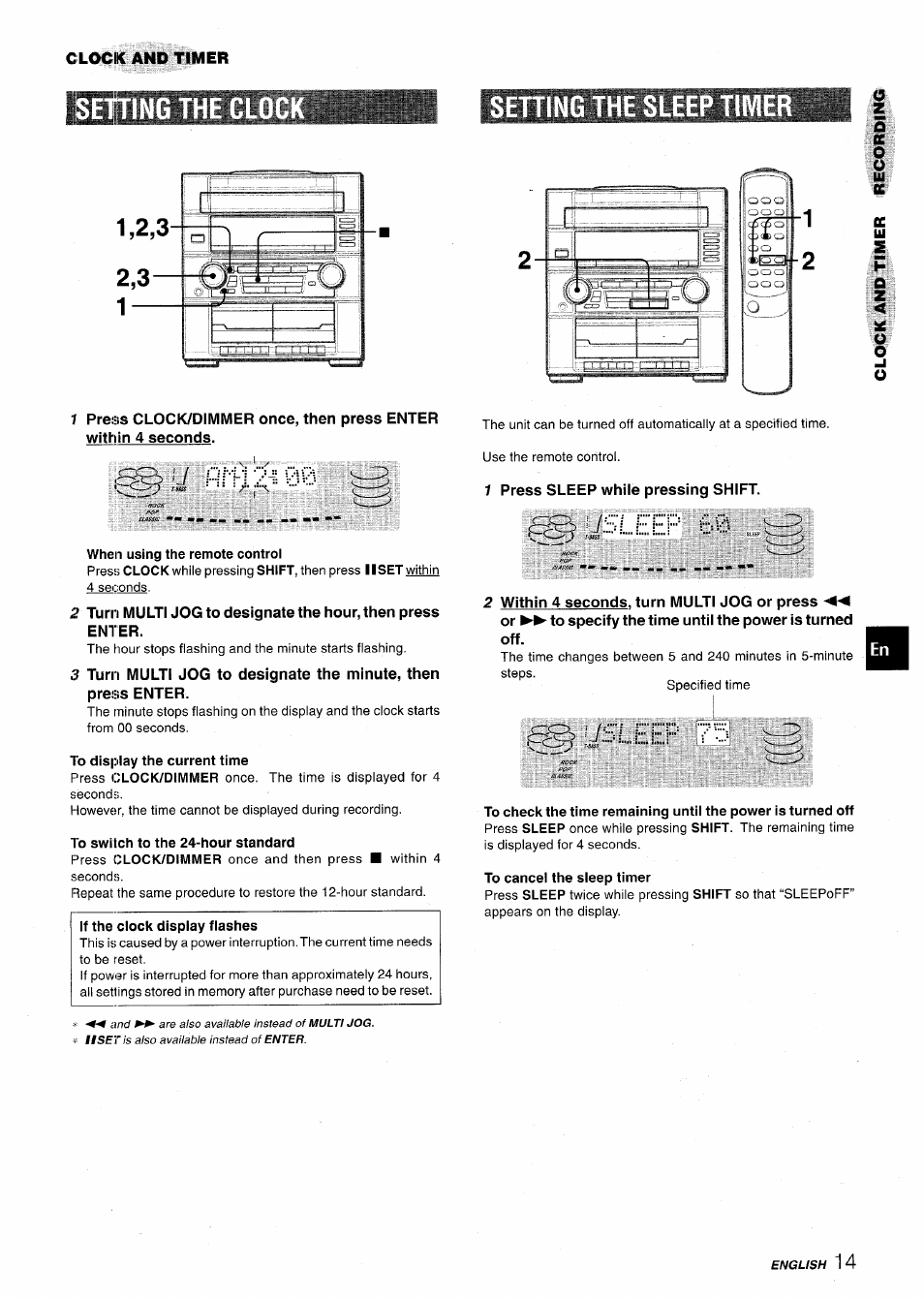 Sehing th, When using the remote control, To display the current time | To switch to the 24-hour standard, 1 press sleep while pressing shift, Isg^usleep 60, To cancel the sleep timer, Sleep | Aiwa XR-M75 User Manual | Page 15 / 56