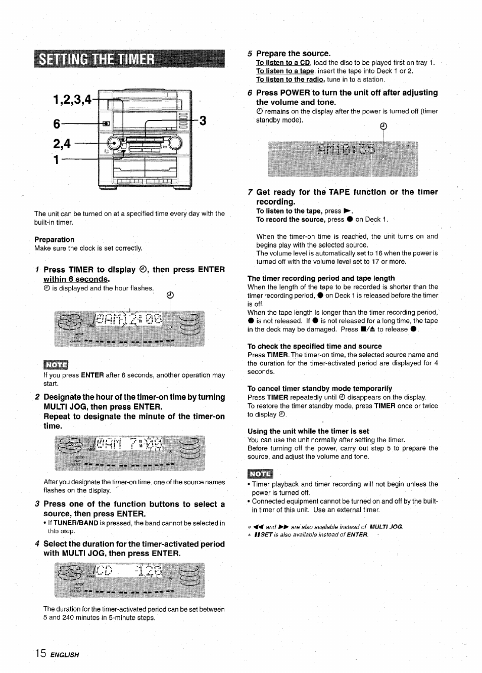 Setting the timer, Preparation, 70hnl2i;00 | Re-;; uem 7: 00, Iig. ucd 12w, The timer recording period and tape length, To check the specified time and source, To cancel timer standby mode temporarily, Using the unit while the timer is set, Setting the sleep timer | Aiwa XR-M75 User Manual | Page 16 / 56