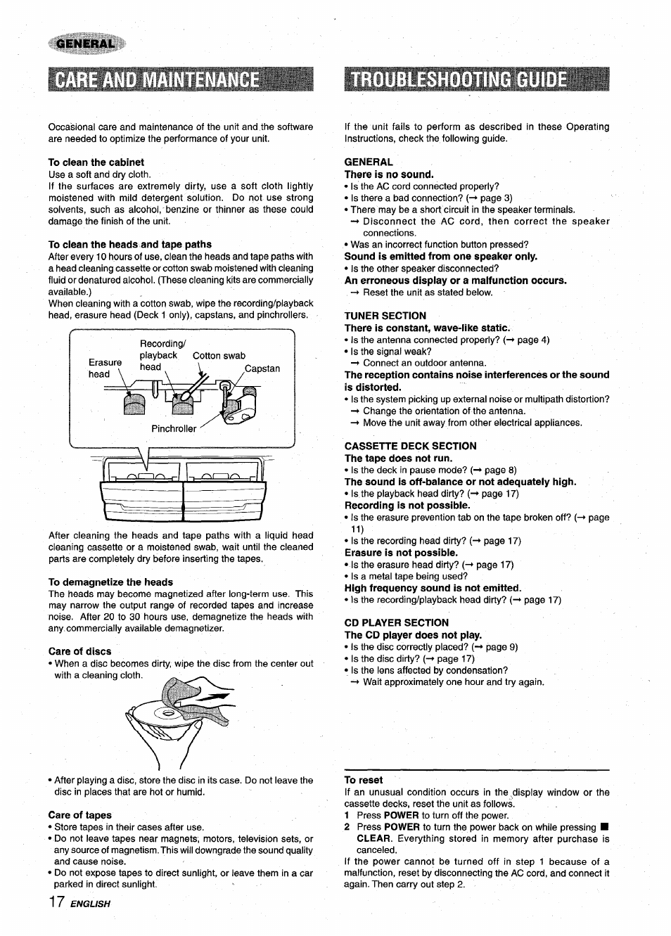 Troubleshooting guide, To clean the cabinet, To clean the heads and tape paths | To demagnetize the heads, Care of tapes, General there is no sound, Tuner section, Cassette deck section the tape does not run, Cd player section the cd player does not play, To reset | Aiwa XR-M75 User Manual | Page 18 / 56