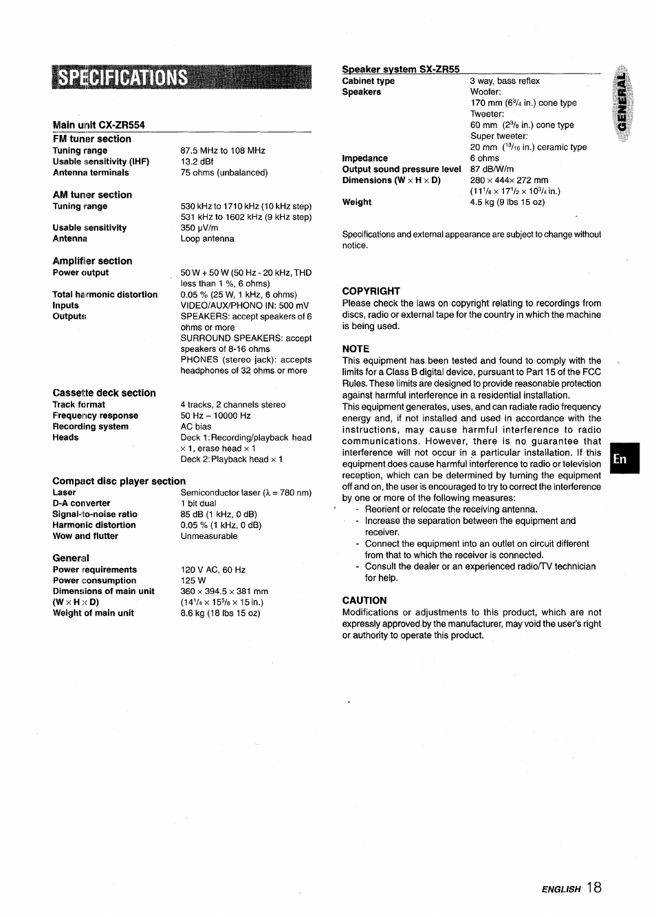 Specification, Speaker system sx-zr55, Main unit cx-zr554 | Am tuner section tuning range, Akmplifiier section power output, Compact disc player section, Generici, Copyright, Note, Caution | Aiwa XR-M75 User Manual | Page 19 / 56