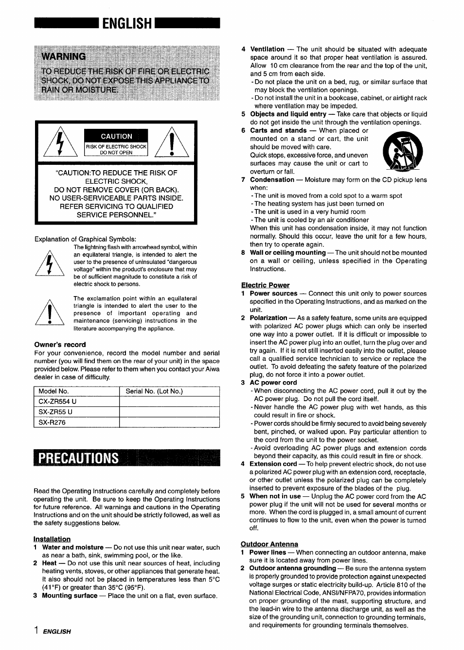 English, Warning, Precautions | Aiwa XR-M75 User Manual | Page 2 / 56