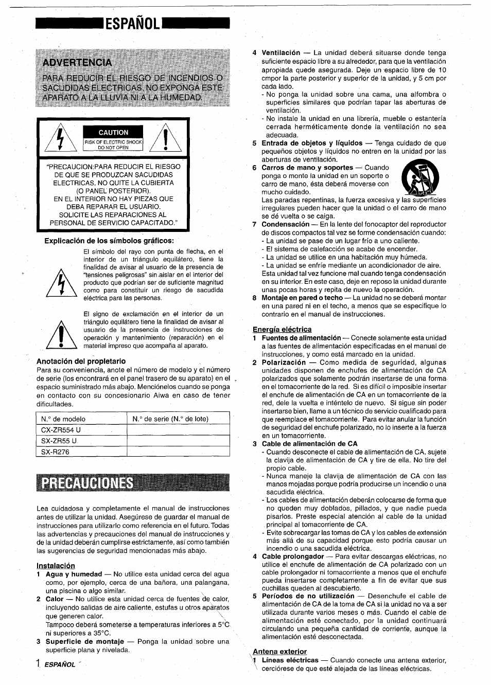 Lespañoli, Advertencia, Explicación de ios símboios gráficos | Anotación del propietario, Instalación | Aiwa XR-M75 User Manual | Page 20 / 56