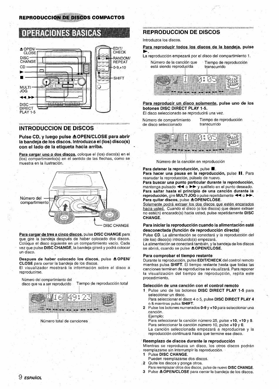 Operaciones, Introduccion de discos, Reproduccion de discos | Seiección de una canción con el control remoto, I.-i | Aiwa XR-M75 User Manual | Page 28 / 56