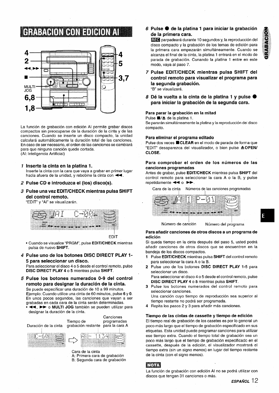 Grabacion con edicion, Para parar la grabación en la mitad, Para eliminar el programa editado | Grabacion con edicion al | Aiwa XR-M75 User Manual | Page 31 / 56