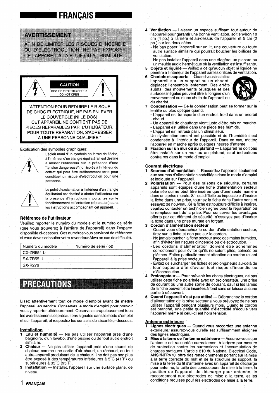 Français, Avertissement, Référence de l’utilisateur | Precaution, Installation, Courant électrique, 3 cordon d’alimentation secteur, Antenne extérieure | Aiwa XR-M75 User Manual | Page 38 / 56