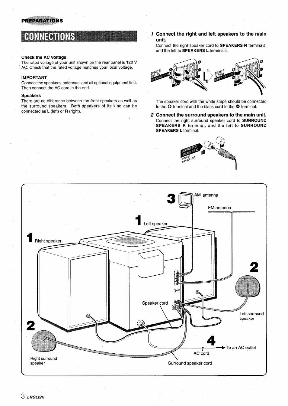 2 connect the surround speakers to the main unit | Aiwa XR-M75 User Manual | Page 4 / 56