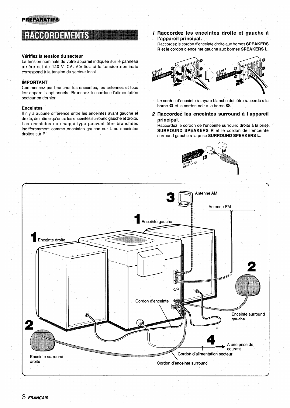Vérifiez ia tension du secteur, Enceintes, Raccordement | Aiwa XR-M75 User Manual | Page 40 / 56