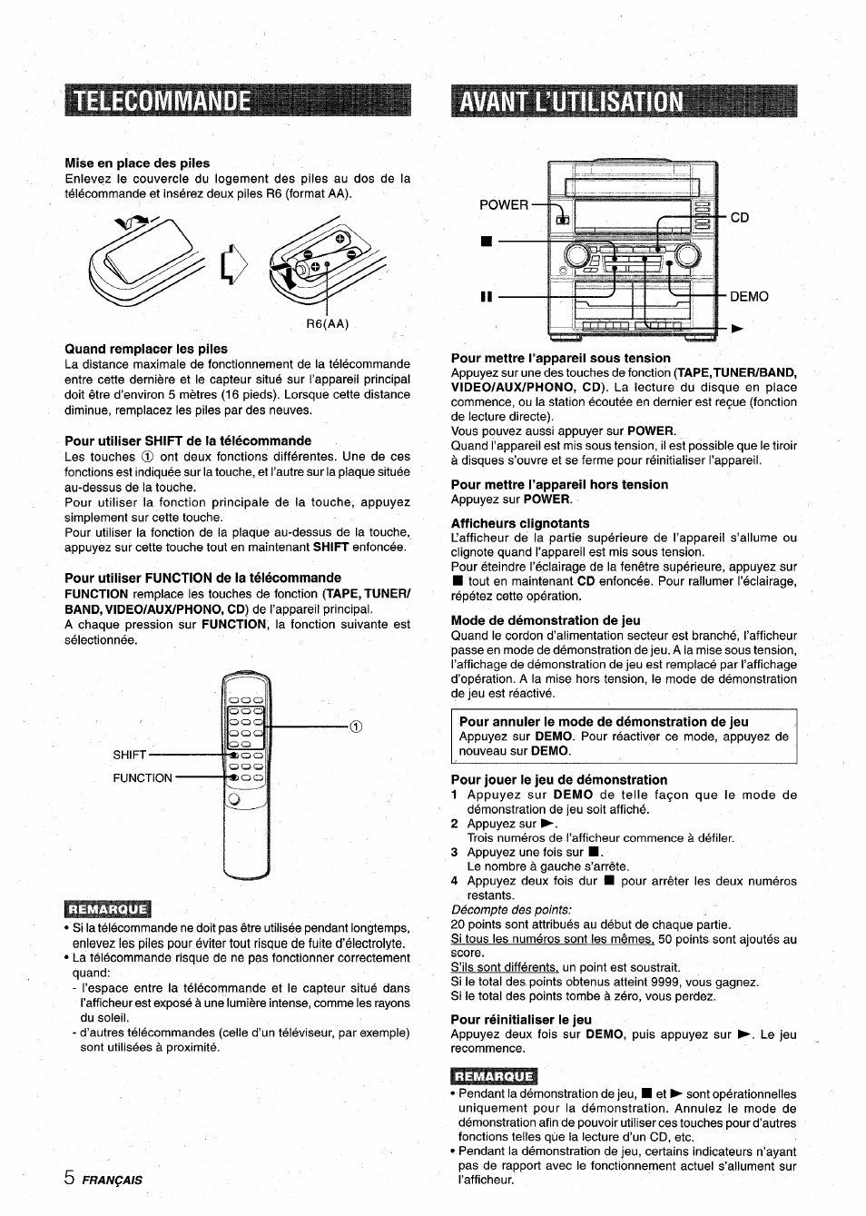 Mise en place des piles, Quand remplacer les piles, Pour utiliser shift de la télécommande | Pour mettre l’appareil sous tension, Pour mettre l’appareil hors tension, Afficheurs ciignotants, Mode de démonstration de jeu, Pour annuler le mode de démonstration de jeu, Pour jouer le jeu de démonstration, Pour réinitialiser le jeu | Aiwa XR-M75 User Manual | Page 42 / 56