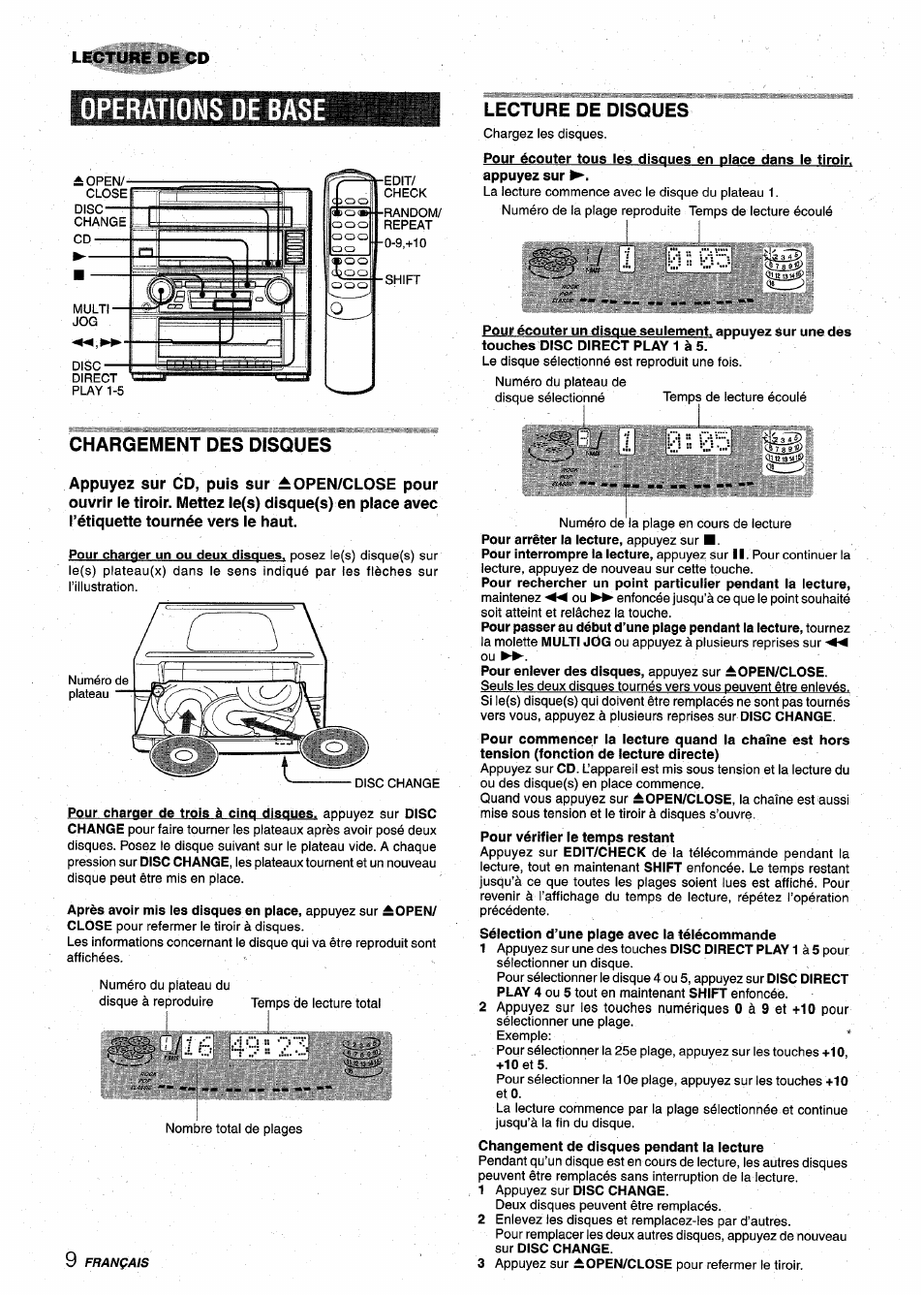 Operations de base, Lecture de disques, Chargement des disques | Ji6 49:2'3 | Aiwa XR-M75 User Manual | Page 46 / 56