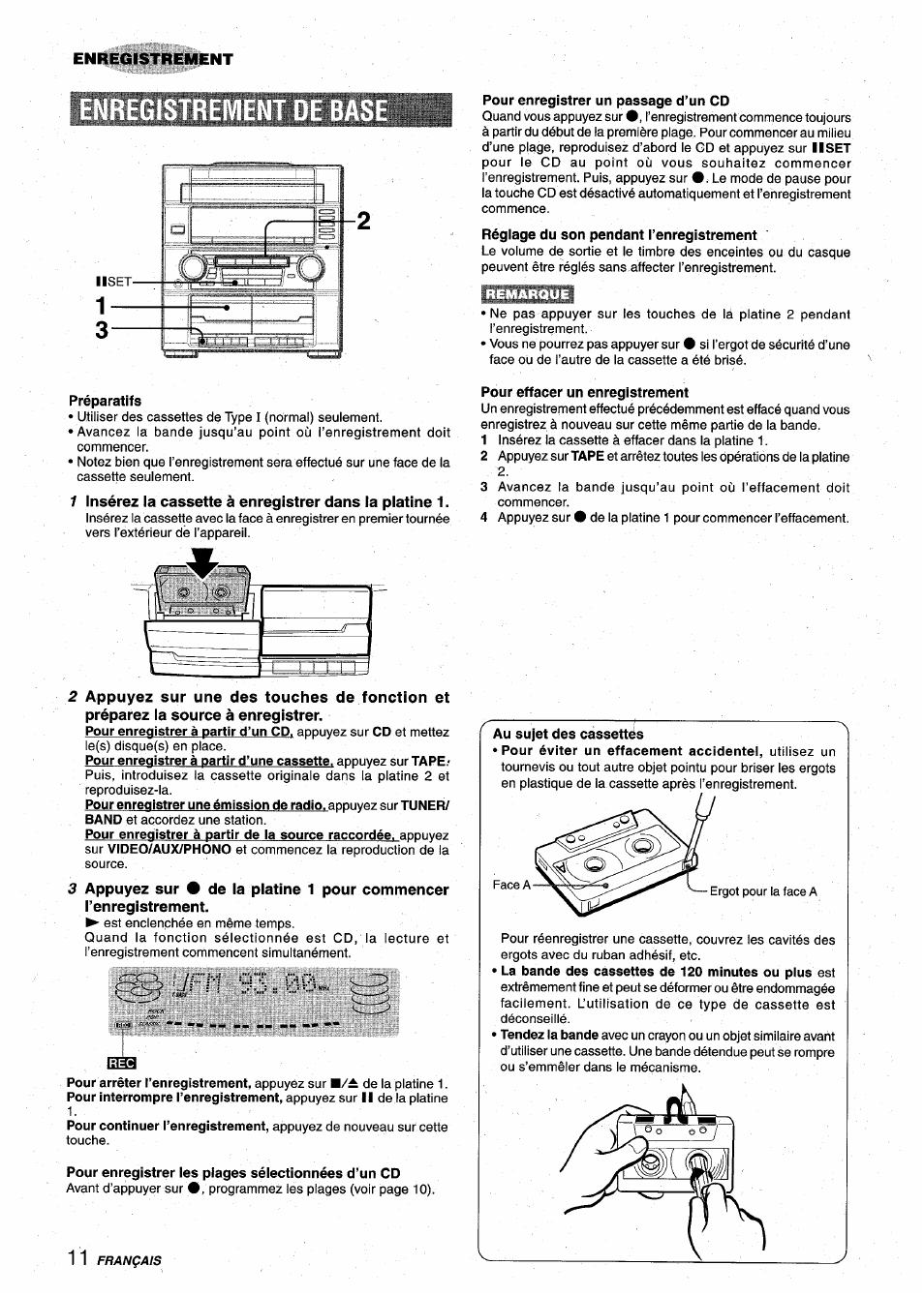 Pour enregistrer un passage d’un cd, Préparatifs, Pour enregistrer les plages sélectionnées d’un cd | Pour effacer un enregistrement | Aiwa XR-M75 User Manual | Page 48 / 56