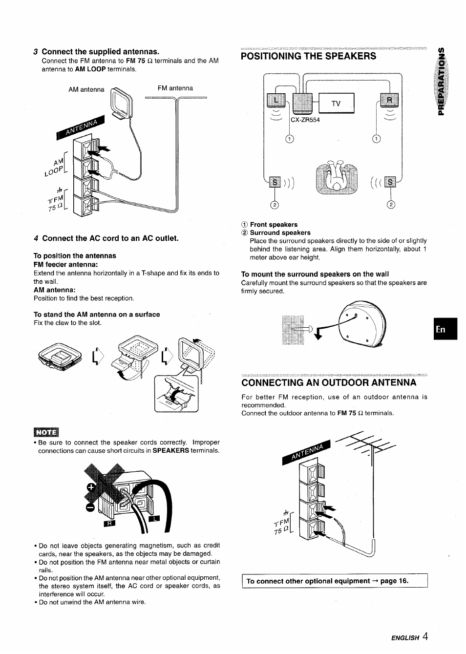 3 connect the supplied antennas, Positioning the speakers, 4 connect the ac cord to an ac outlet | To position the antennas fm feeder antenna, To stand the am antenna on a surface, To mount the surround speakers on the wall, Connecting an outdoor antenna | Aiwa XR-M75 User Manual | Page 5 / 56