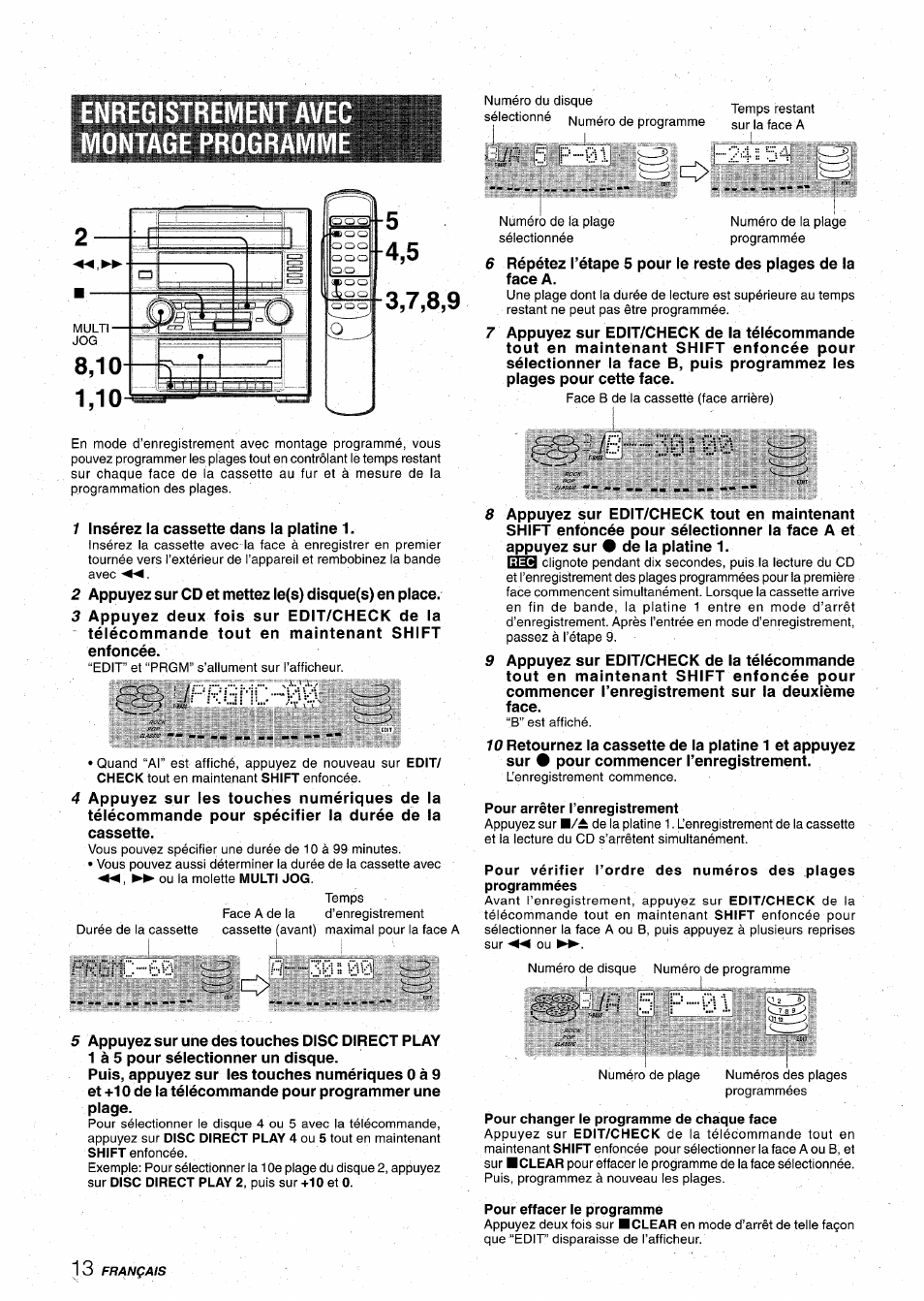 Enregistrement av montage programf, Iprgml; 00, Ib 30 ==00 | Pour arrêter l’enregistrement, Pour changer le programme de chaque face, Pour effacer le programme, Ib ==00, Prgnc.60, Ii 00, Ir 5 p | Aiwa XR-M75 User Manual | Page 50 / 56