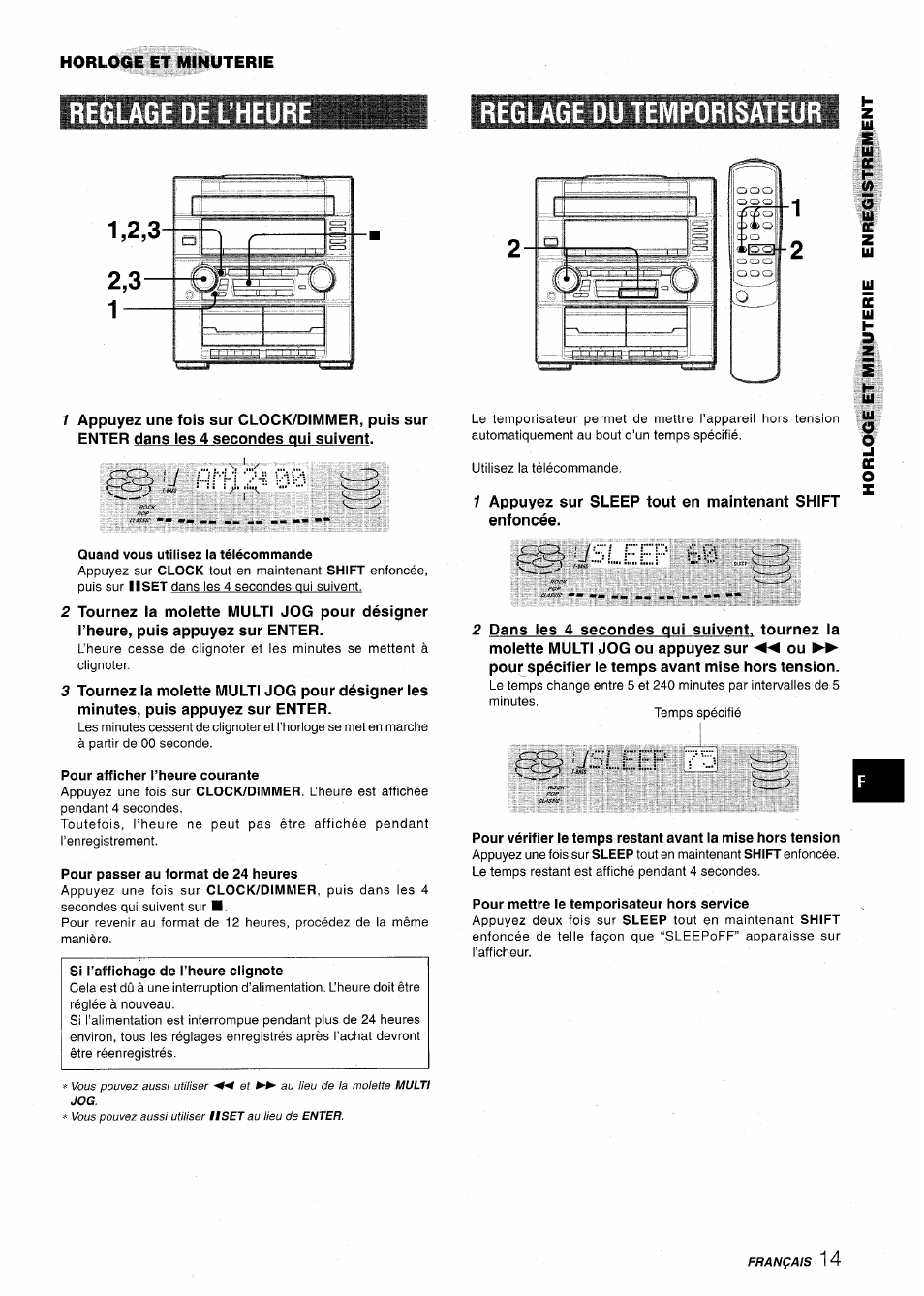 Reglage de l’heur, Reglage du tempdrisateur, Quand vous utilisez la télécommande | Pour afficher l’heure courante, Pour passer au format de 24 heures, Si l’affichage de l’heure clignote, Pour mettre le temporisateur hors service, Reglage de l’heure reglage du temporisateur, Hi1i2s00, Usleep | Aiwa XR-M75 User Manual | Page 51 / 56