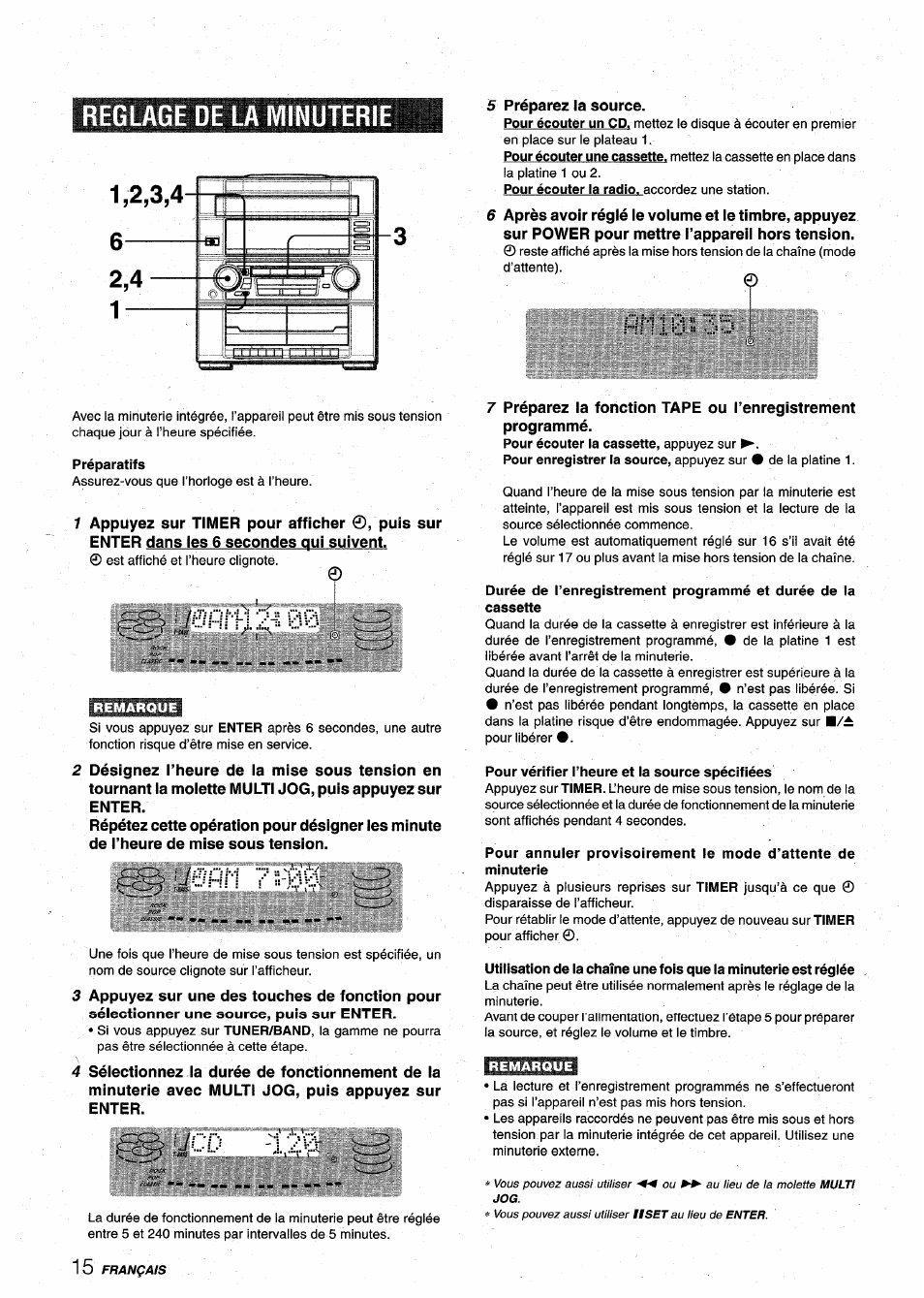 Reglage de la minuterie, Préparatifs, Pour vérifier l’heure et la source spécifiées | Jcd -î.i'fi, Efln 7, Fin 1 0 ; i i | Aiwa XR-M75 User Manual | Page 52 / 56