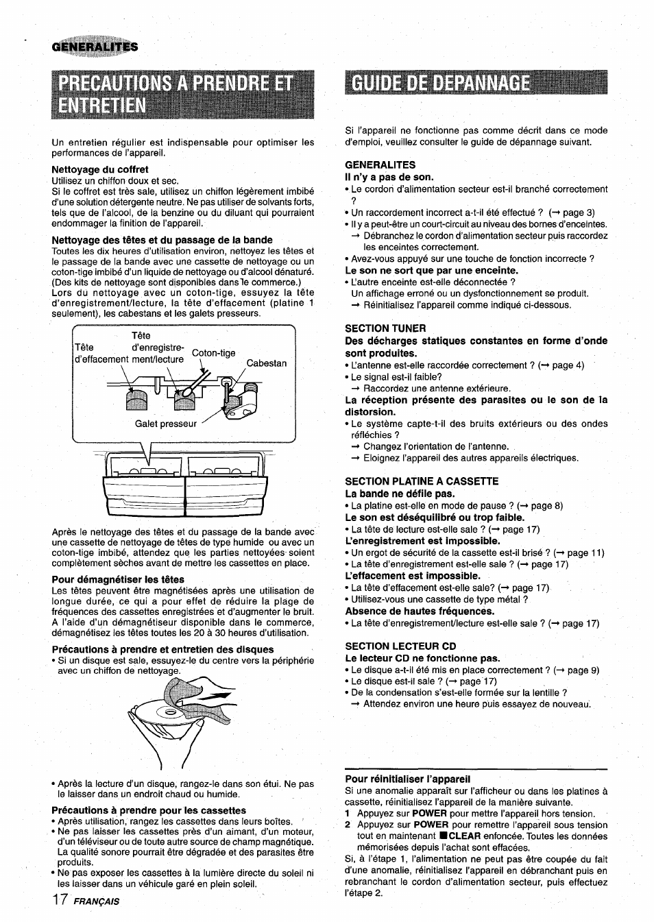 Guide de depa, Generalites il n’y a pas de son, Section tuner | Section platine a cassette la bande ne défile pas, Section lecteur cd le lecteur cd ne fonctionne pas, Pour réinitialiser l’appareil, Guide de depannage | Aiwa XR-M75 User Manual | Page 54 / 56