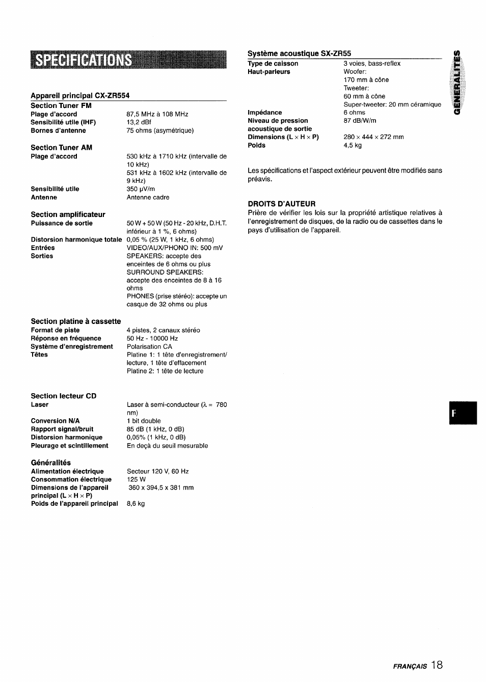 Specificatio, Système acoustique sx-zr55, Appareil principal cx-zr554 | Section tuner am, Section amplificateur, Droits d’auteur, Section lecteur cd, Specifications | Aiwa XR-M75 User Manual | Page 55 / 56