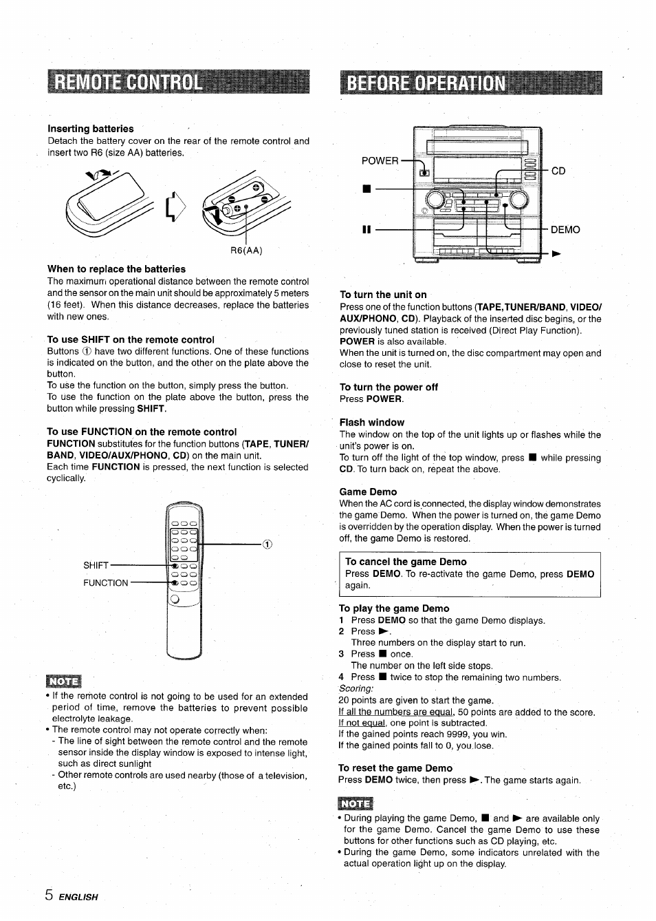 Inserting batteries, When to replace the batteries, To use shift on the remote control | To use function on the remote control, To turn the unit on, To turn the power off press power, Flash window, Game demo, To cancel the game demo, To play the game demo | Aiwa XR-M75 User Manual | Page 6 / 56
