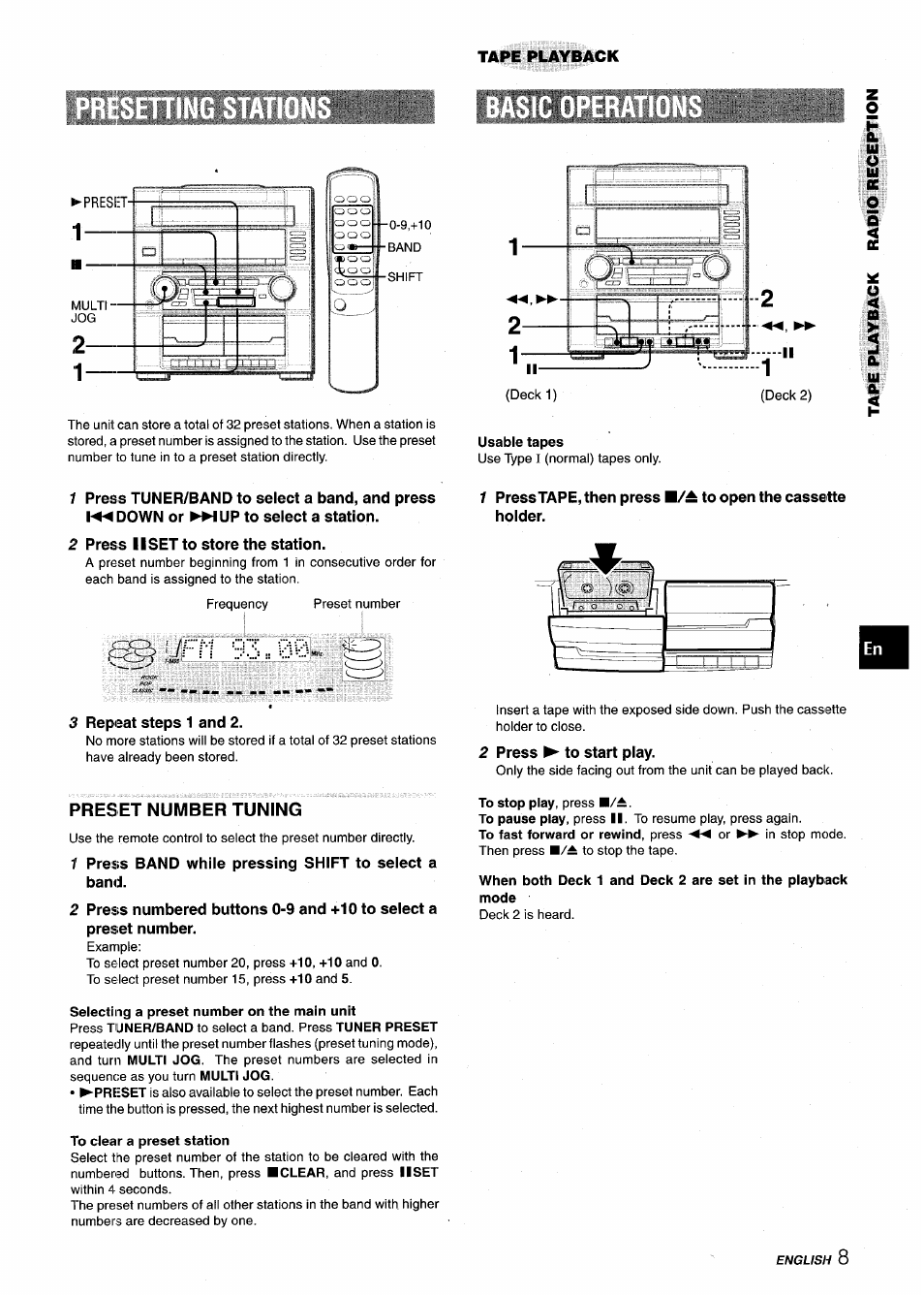 1 press tuner/band to select a band, and press, Down or pm up to select a station, 2 pres s 11 set to store the station | 3 repeat steps 1 and 2, Preset number tuning, 1 press band while pressing shift to select a band, 2 press ^ to start play | Aiwa XR-M75 User Manual | Page 9 / 56