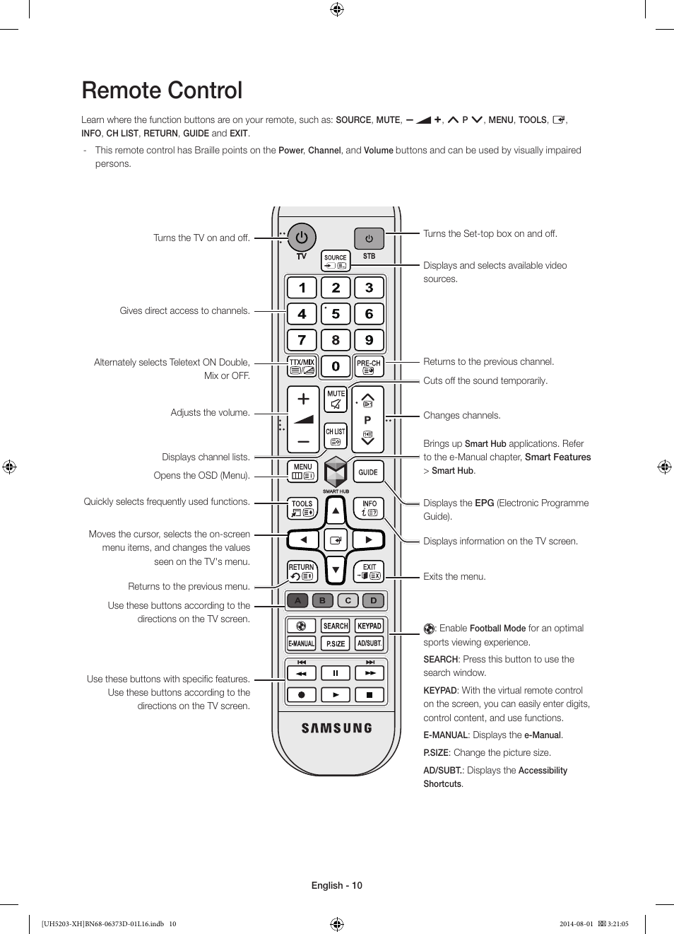 Remote control | Samsung UE58H5203AW User Manual | Page 10 / 321