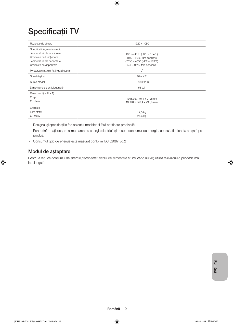 Specificaţii tv, Modul de aşteptare | Samsung UE58H5203AW User Manual | Page 179 / 321