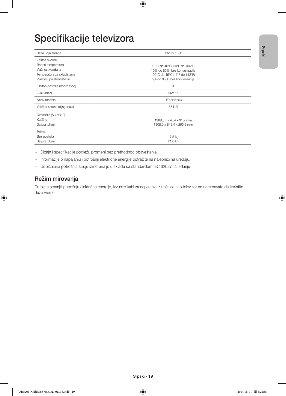 Specifikacije televizora, Režim mirovanja | Samsung UE58H5203AW User Manual | Page 199 / 321