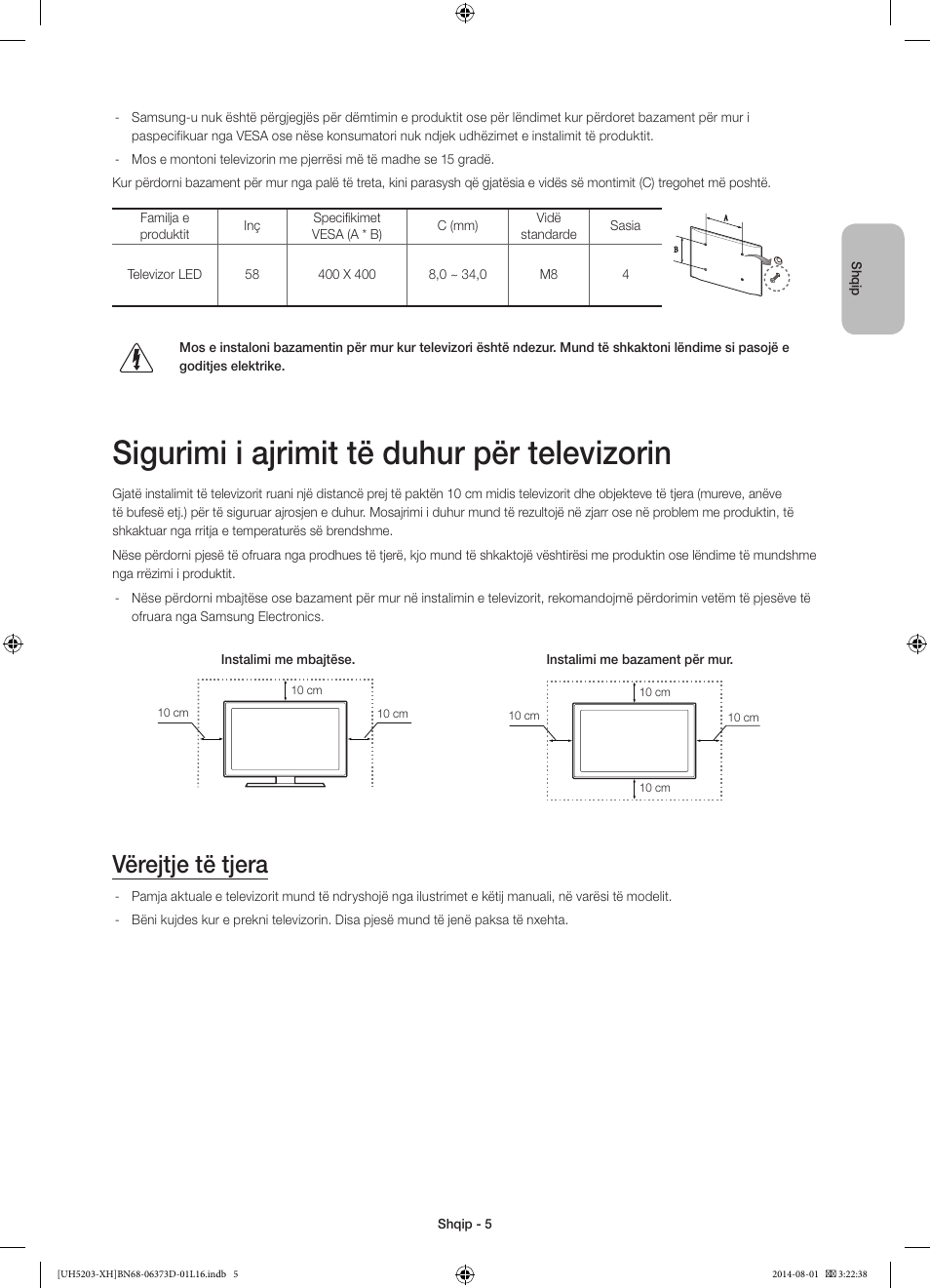 Sigurimi i ajrimit të duhur për televizorin, Vërejtje të tjera | Samsung UE58H5203AW User Manual | Page 205 / 321