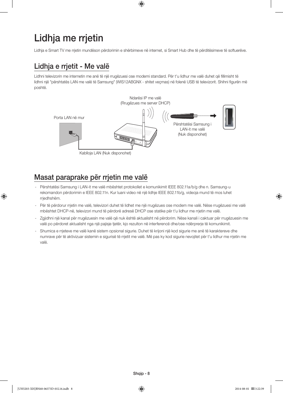 Lidhja me rrjetin, Lidhja e rrjetit - me valë, Masat paraprake për rrjetin me valë | Samsung UE58H5203AW User Manual | Page 208 / 321