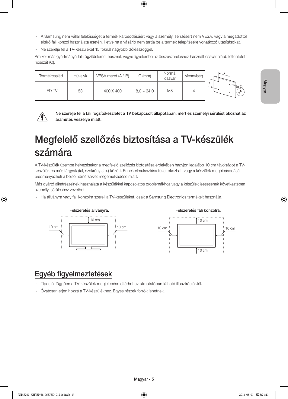 Egyéb figyelmeztetések | Samsung UE58H5203AW User Manual | Page 25 / 321