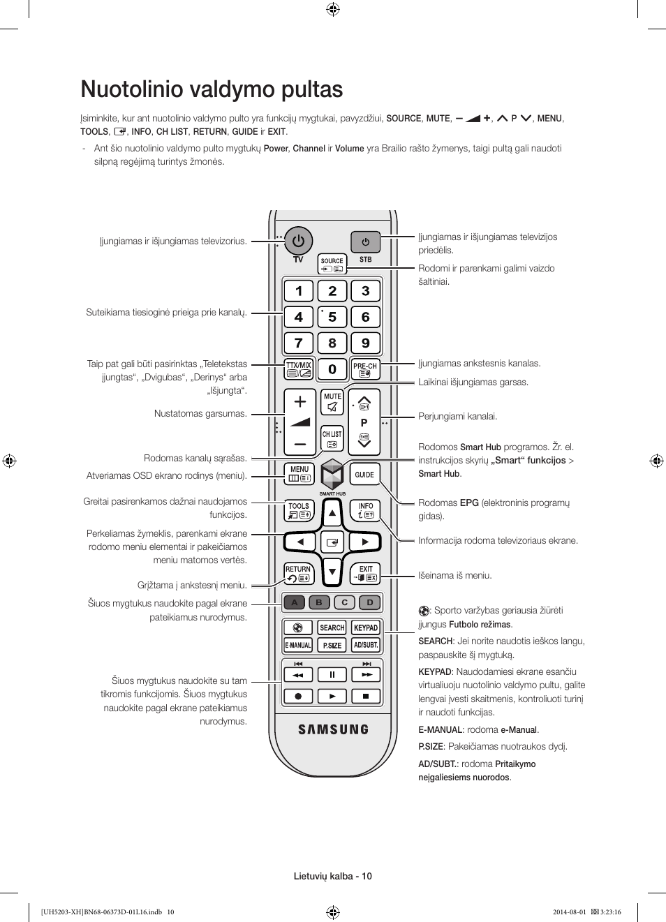 Nuotolinio valdymo pultas | Samsung UE58H5203AW User Manual | Page 290 / 321