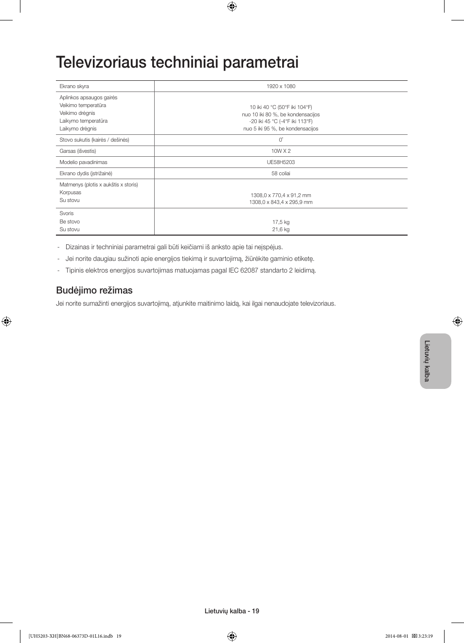 Televizoriaus techniniai parametrai, Budėjimo režimas | Samsung UE58H5203AW User Manual | Page 299 / 321