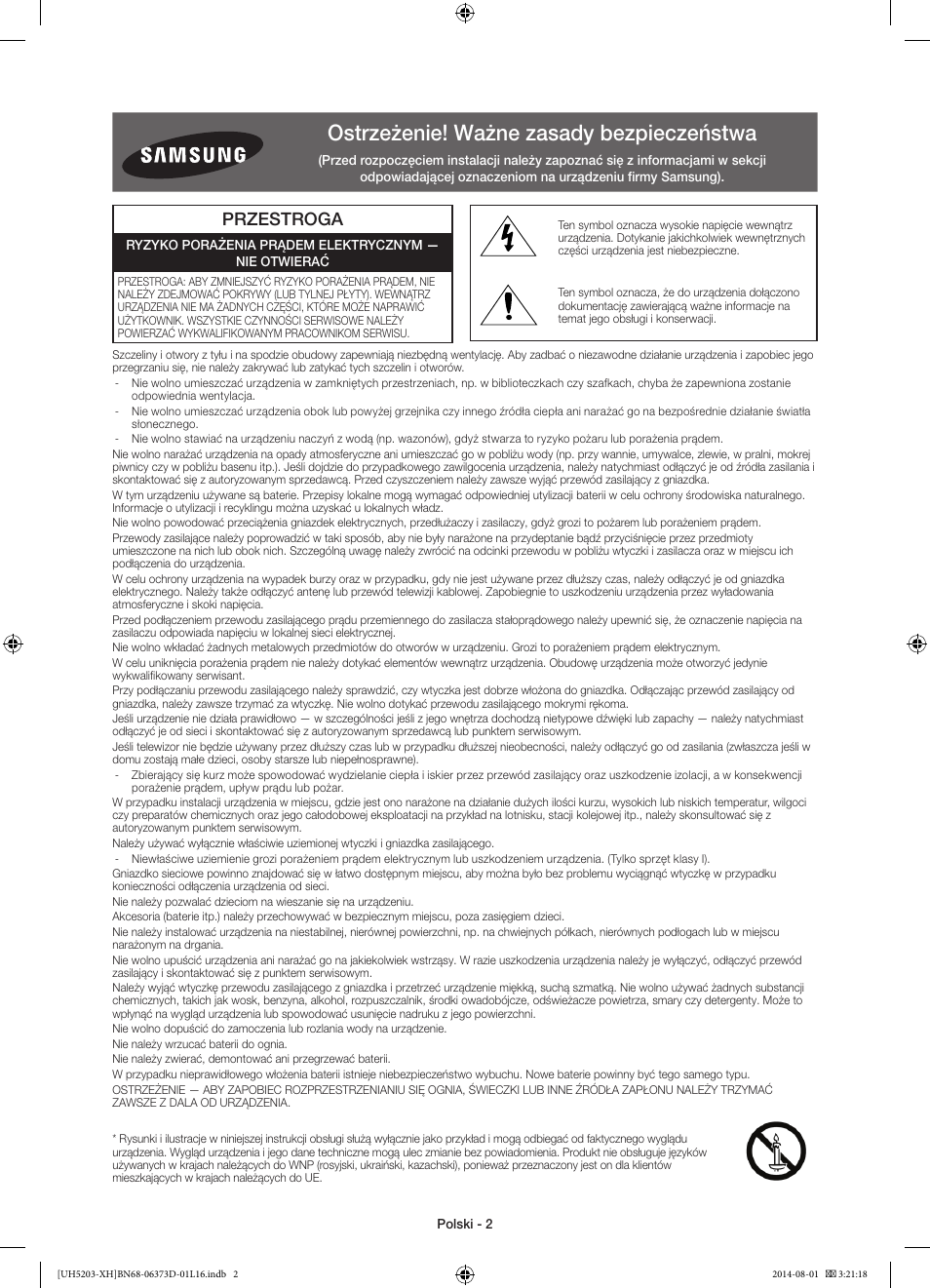 Ostrzeżenie! ważne zasady bezpieczeństwa, Przestroga | Samsung UE58H5203AW User Manual | Page 42 / 321