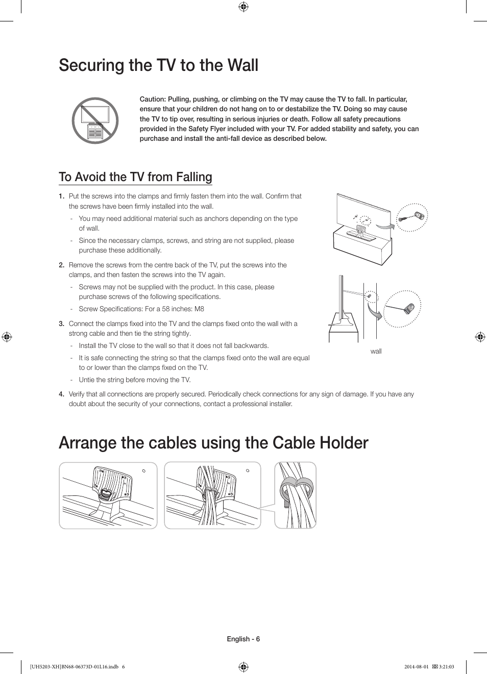 Securing the tv to the wall, Arrange the cables using the cable holder | Samsung UE58H5203AW User Manual | Page 6 / 321