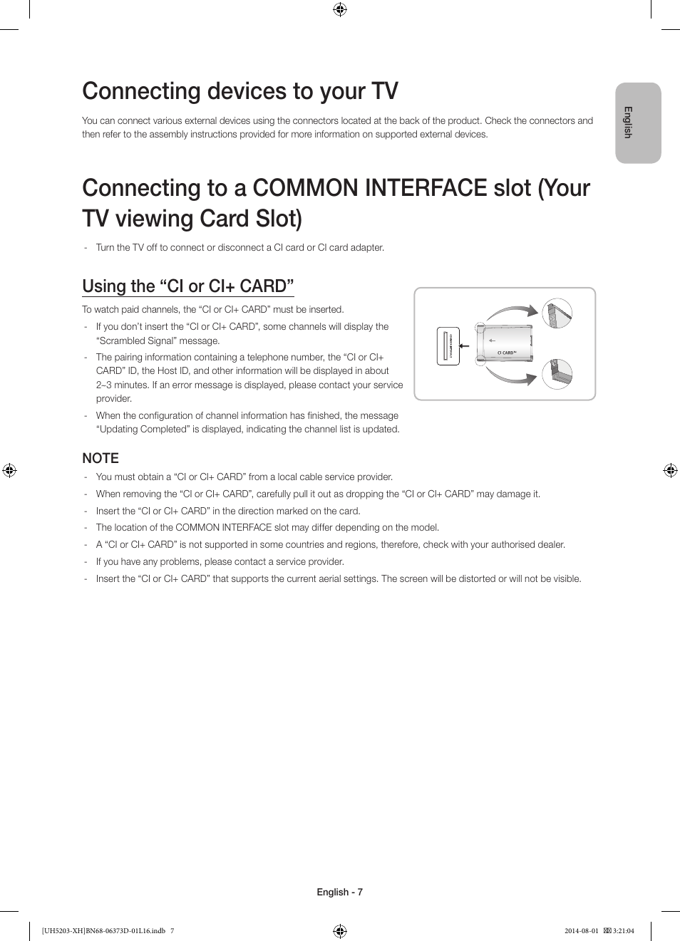 Connecting devices to your tv, Using the “ci or ci+ card | Samsung UE58H5203AW User Manual | Page 7 / 321