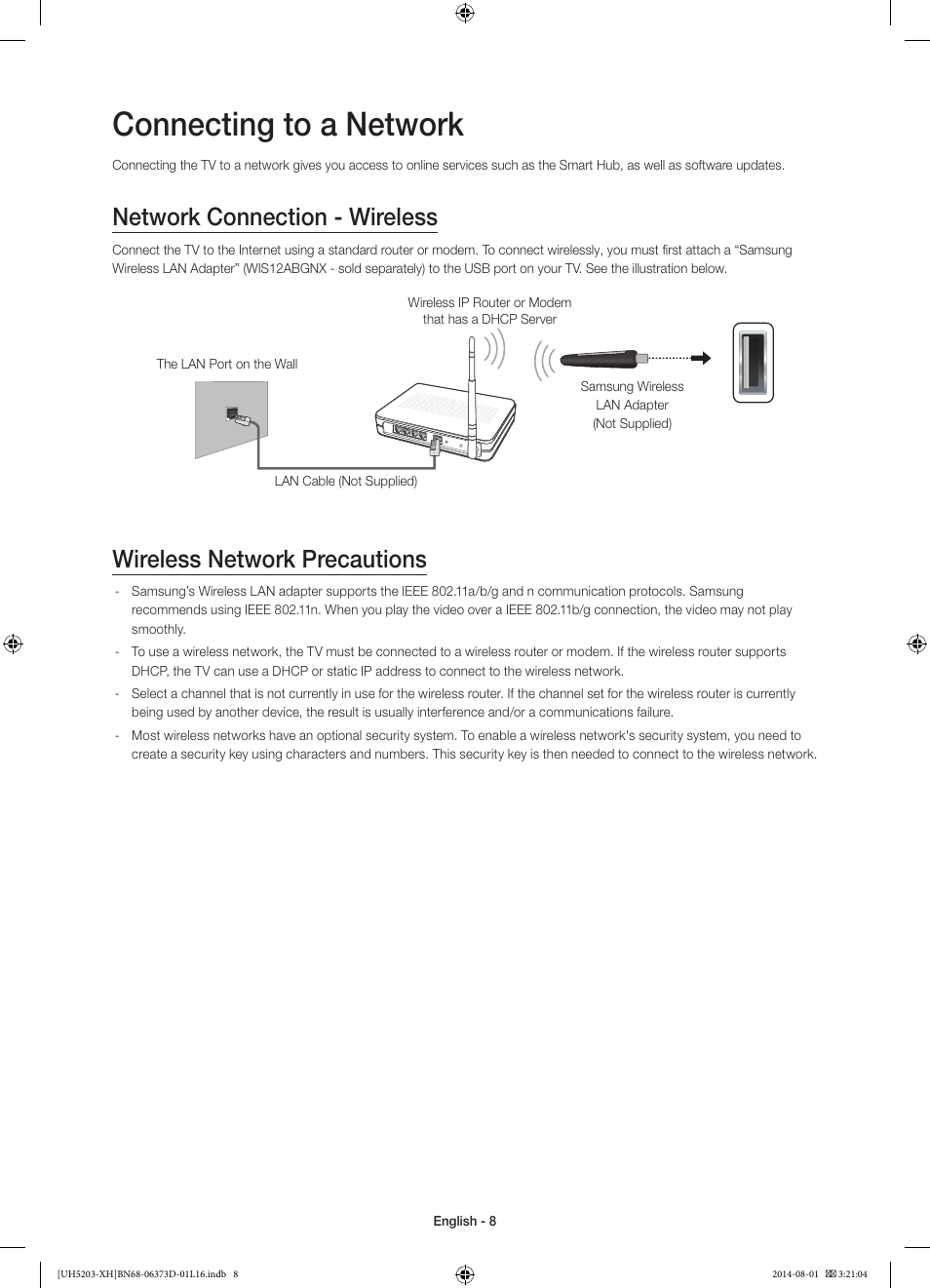 Connecting to a network, Network connection - wireless, Wireless network precautions | Samsung UE58H5203AW User Manual | Page 8 / 321
