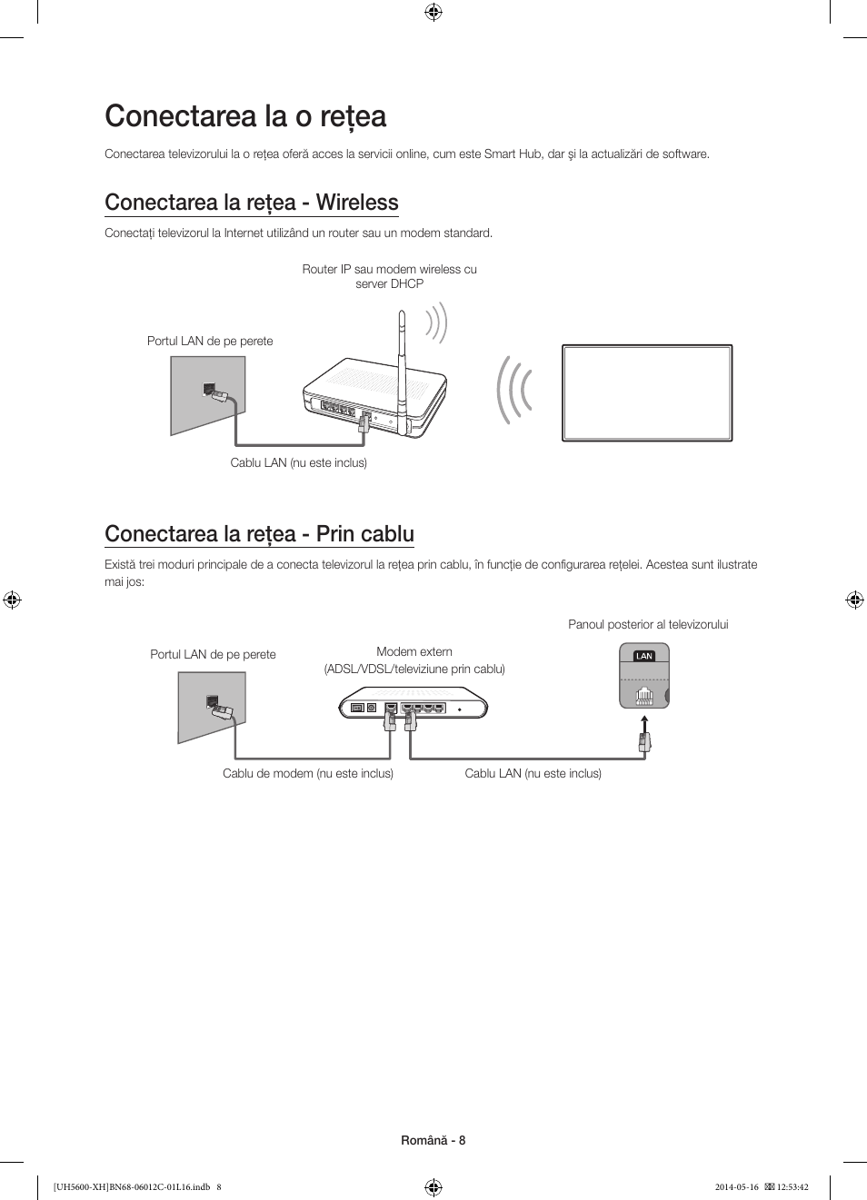 Conectarea la o reţea, Conectarea la reţea - wireless, Conectarea la reţea - prin cablu | Samsung UE22H5610AW User Manual | Page 168 / 321