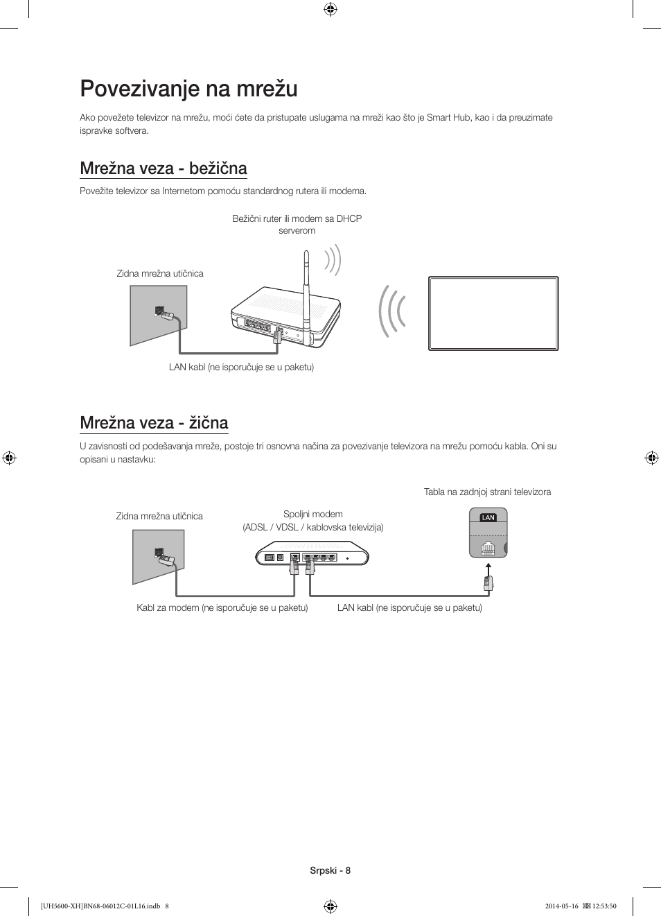 Povezivanje na mrežu, Mrežna veza - bežična, Mrežna veza - žična | Samsung UE22H5610AW User Manual | Page 188 / 321