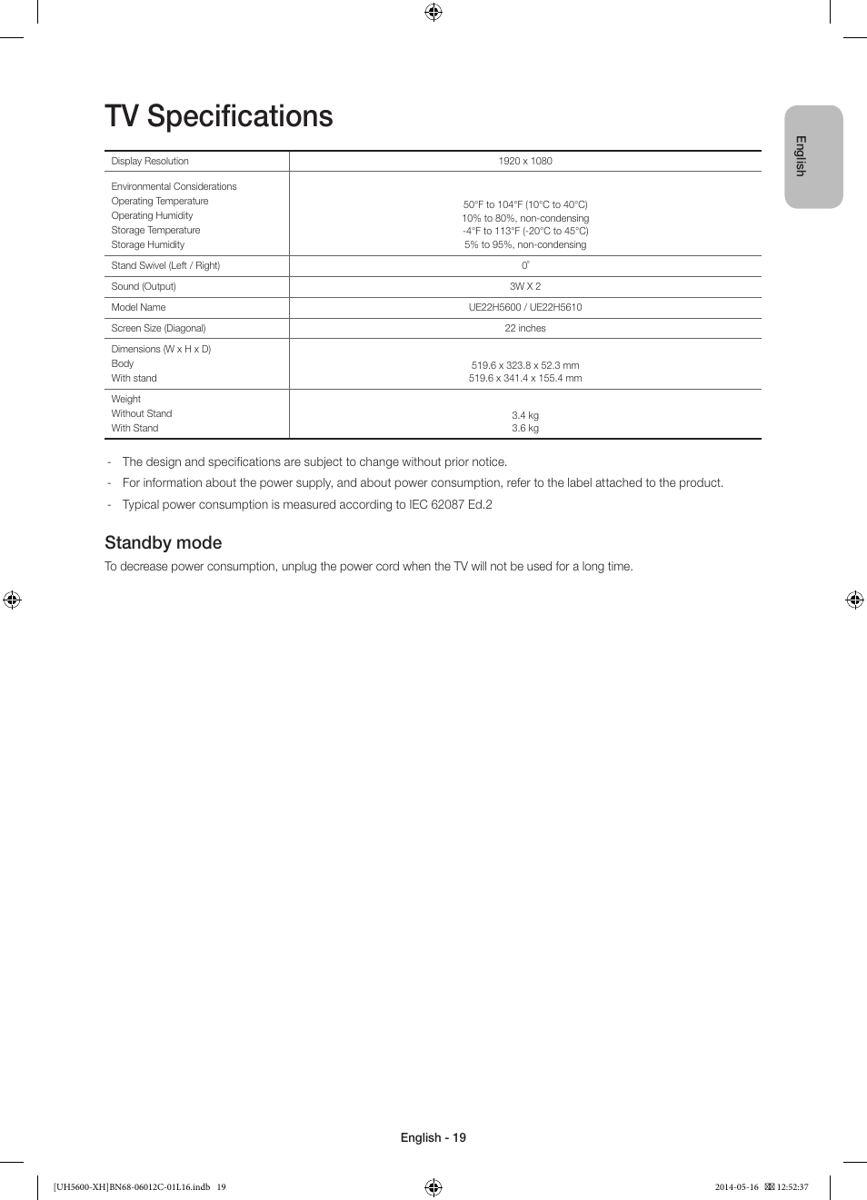 10 specifications and other information, Tv specifications, Standby mode | Samsung UE22H5610AW User Manual | Page 19 / 321