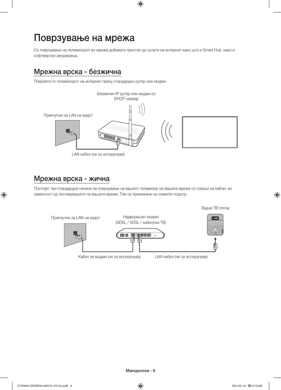 Поврзување на мрежа, Мрежна врска - безжична, Мрежна врска - жична | Samsung UE22H5610AW User Manual | Page 228 / 321