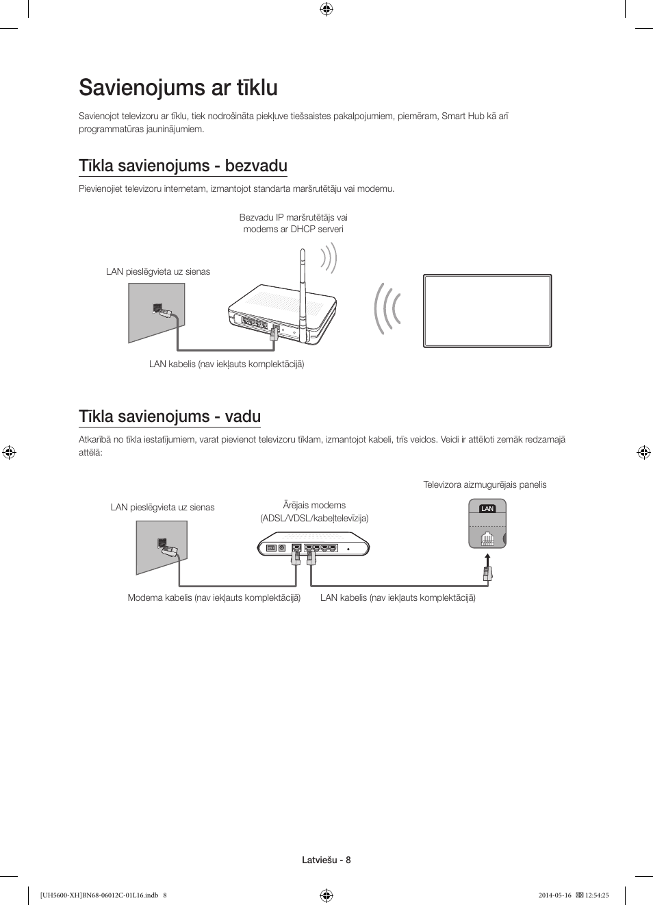 Savienojums ar tīklu, Tīkla savienojums - bezvadu, Tīkla savienojums - vadu | Samsung UE22H5610AW User Manual | Page 268 / 321