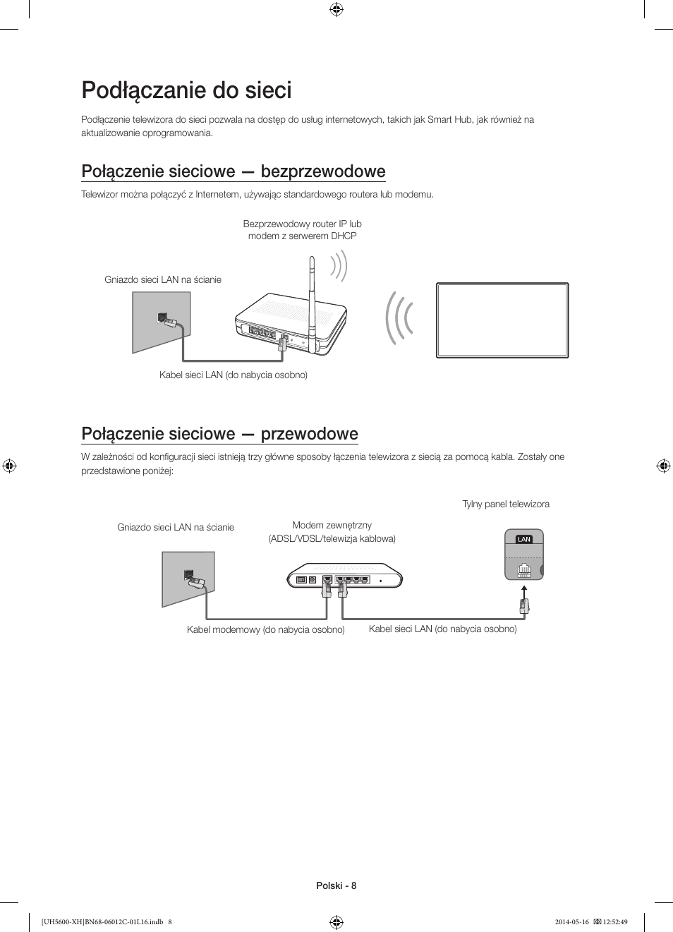 Podłączanie do sieci, Połączenie sieciowe — bezprzewodowe, Połączenie sieciowe — przewodowe | Samsung UE22H5610AW User Manual | Page 48 / 321