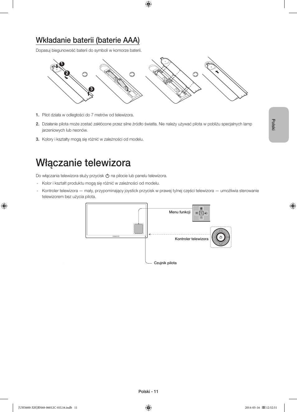 Włączanie telewizora, Wkładanie baterii (baterie aaa) | Samsung UE22H5610AW User Manual | Page 51 / 321