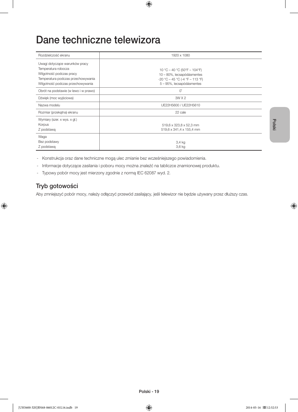 Dane techniczne telewizora, Tryb gotowości | Samsung UE22H5610AW User Manual | Page 59 / 321