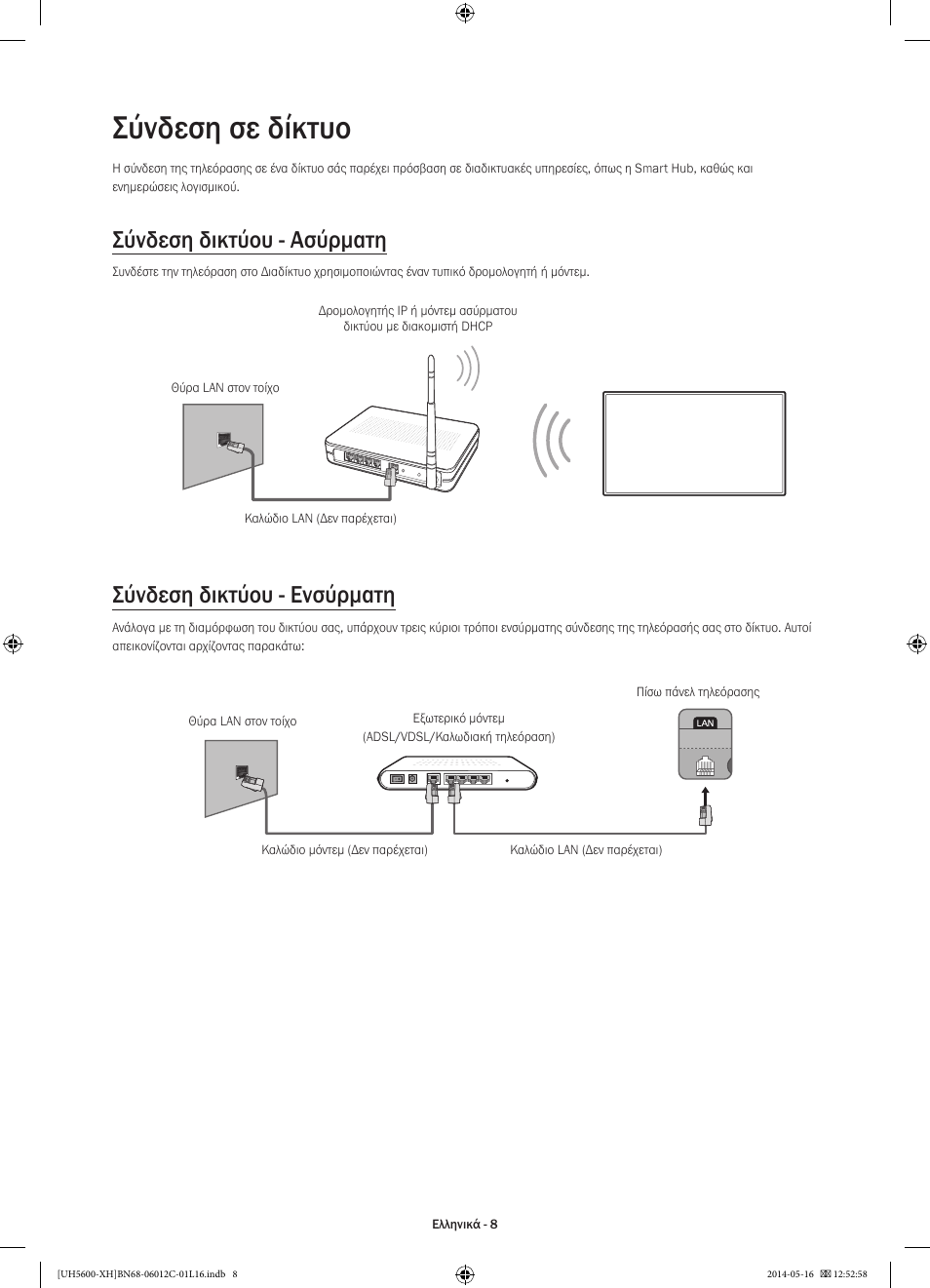 Σύνδεση σε δίκτυο, Σύνδεση δικτύου - ασύρματη, Σύνδεση δικτύου - ενσύρματη | Samsung UE22H5610AW User Manual | Page 68 / 321