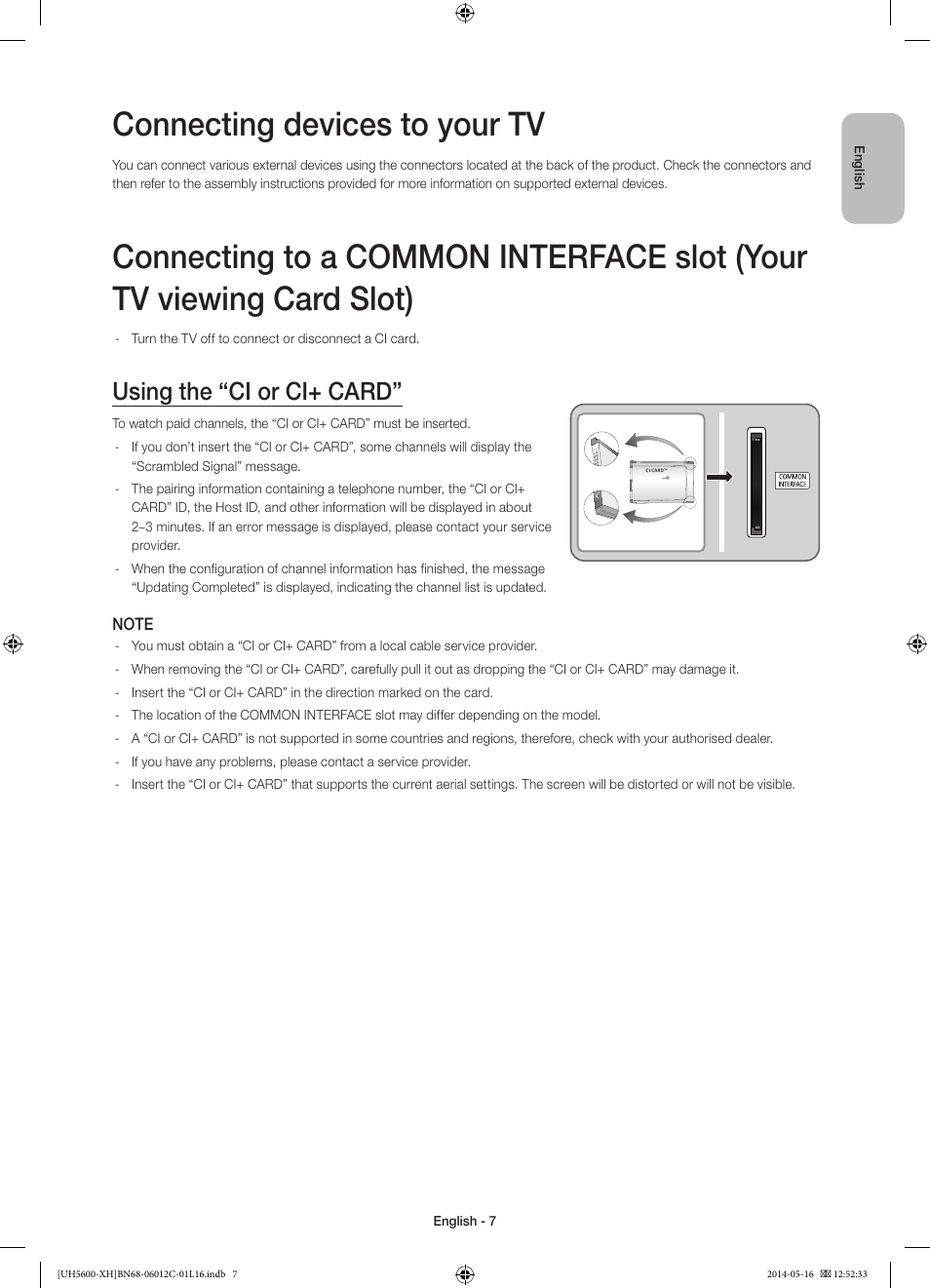 03 connections, Connecting devices to your tv, Using the “ci or ci+ card | Samsung UE22H5610AW User Manual | Page 7 / 321