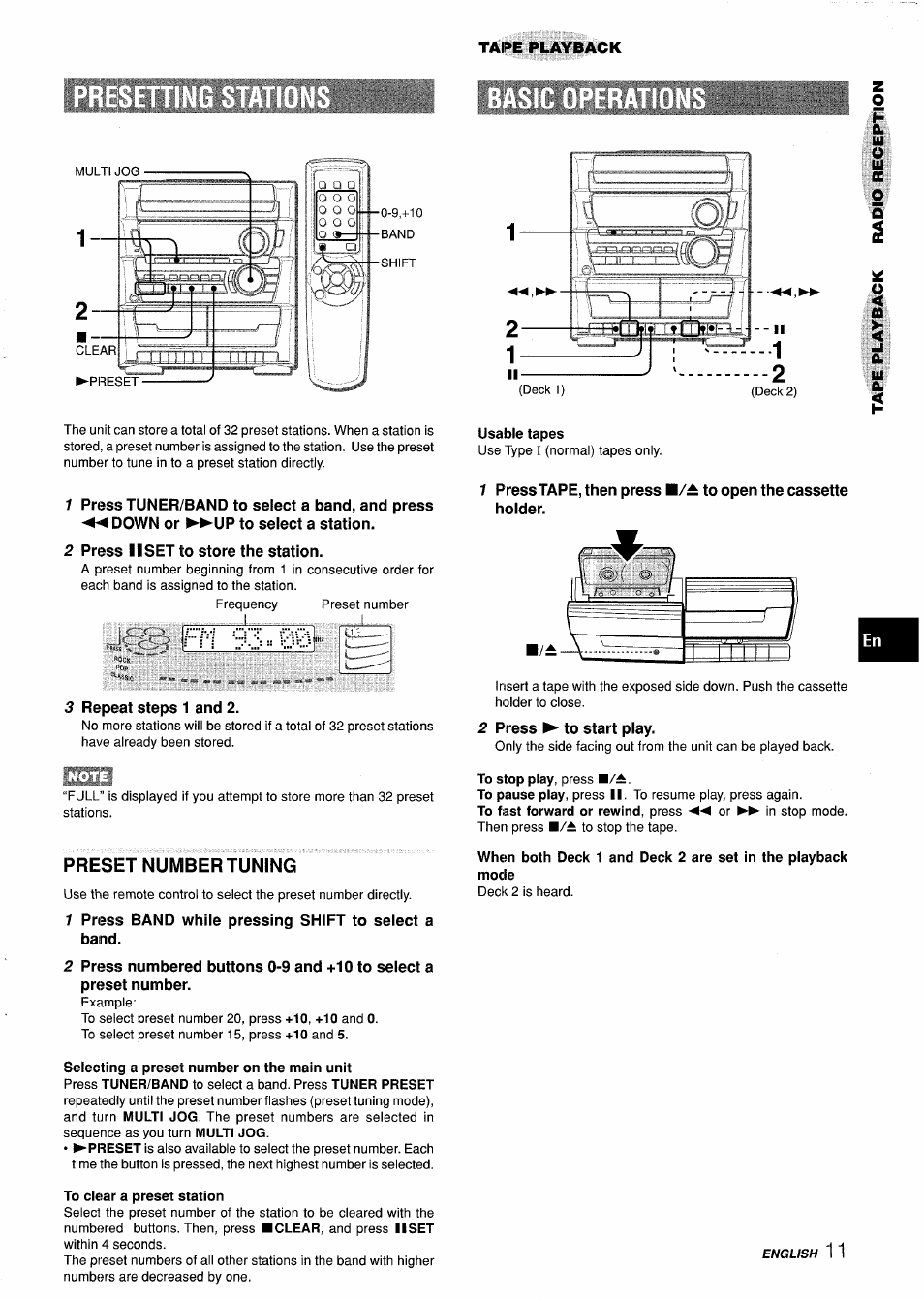 2 press 11 set to store the station, 3 repeat steps 1 and 2, Preset number tuning | 1 press band whiie pressing shift to select a band, Selecting a preset number on the main unit, To clear a preset station, 2 press ► to start play | Aiwa Z-L31 User Manual | Page 11 / 68